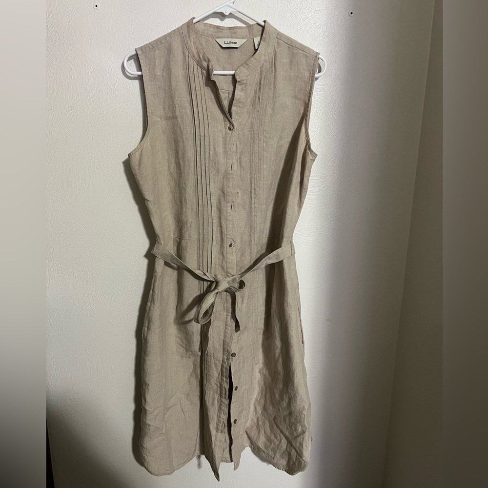 LL BEAN Classic Linen Blend Sleeveless Button Down Summer‎ Dress Tan Women's 12